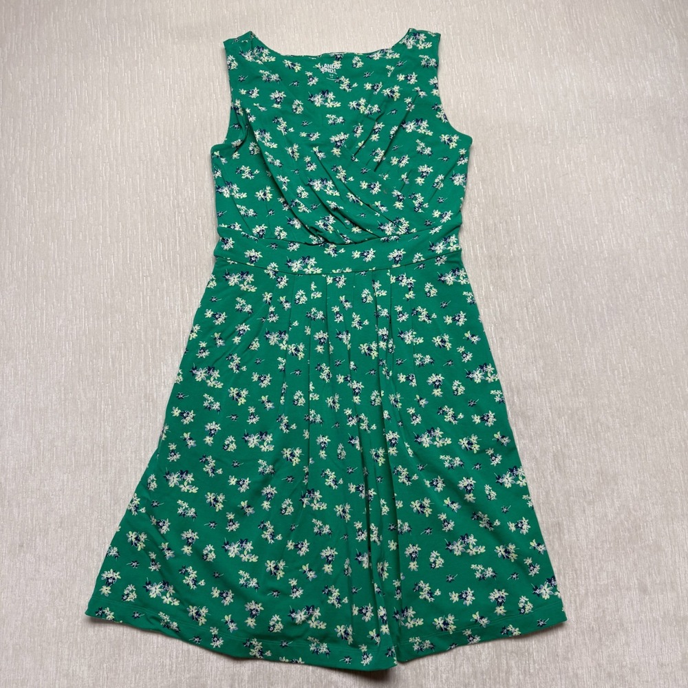Lands' End Faux Wrap Casual Dress Small 6-8 Green Ditsy Floral Vaca Travel Beach